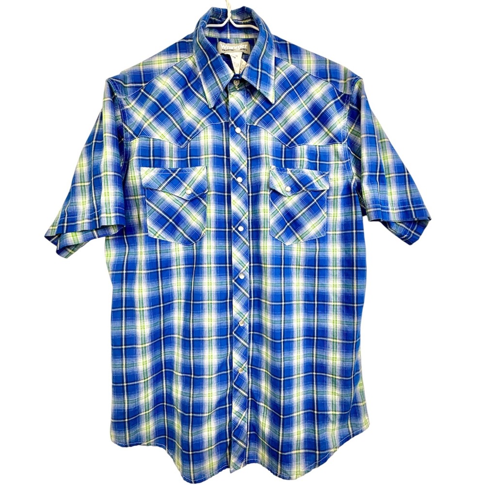 Wrangler‎ Wrancher Blue Green Plaid Western Pearl Snap Shirt MTW1368 Medium